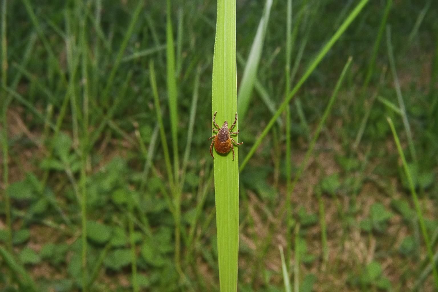 A tick on a blade of grass at the edge of a Morgan Hill yard
