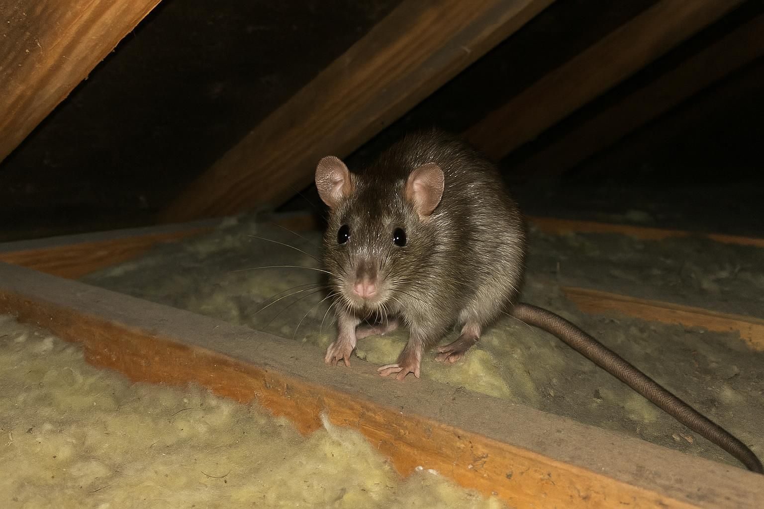 A roof rat on attic insulation in a Morgan Hill home