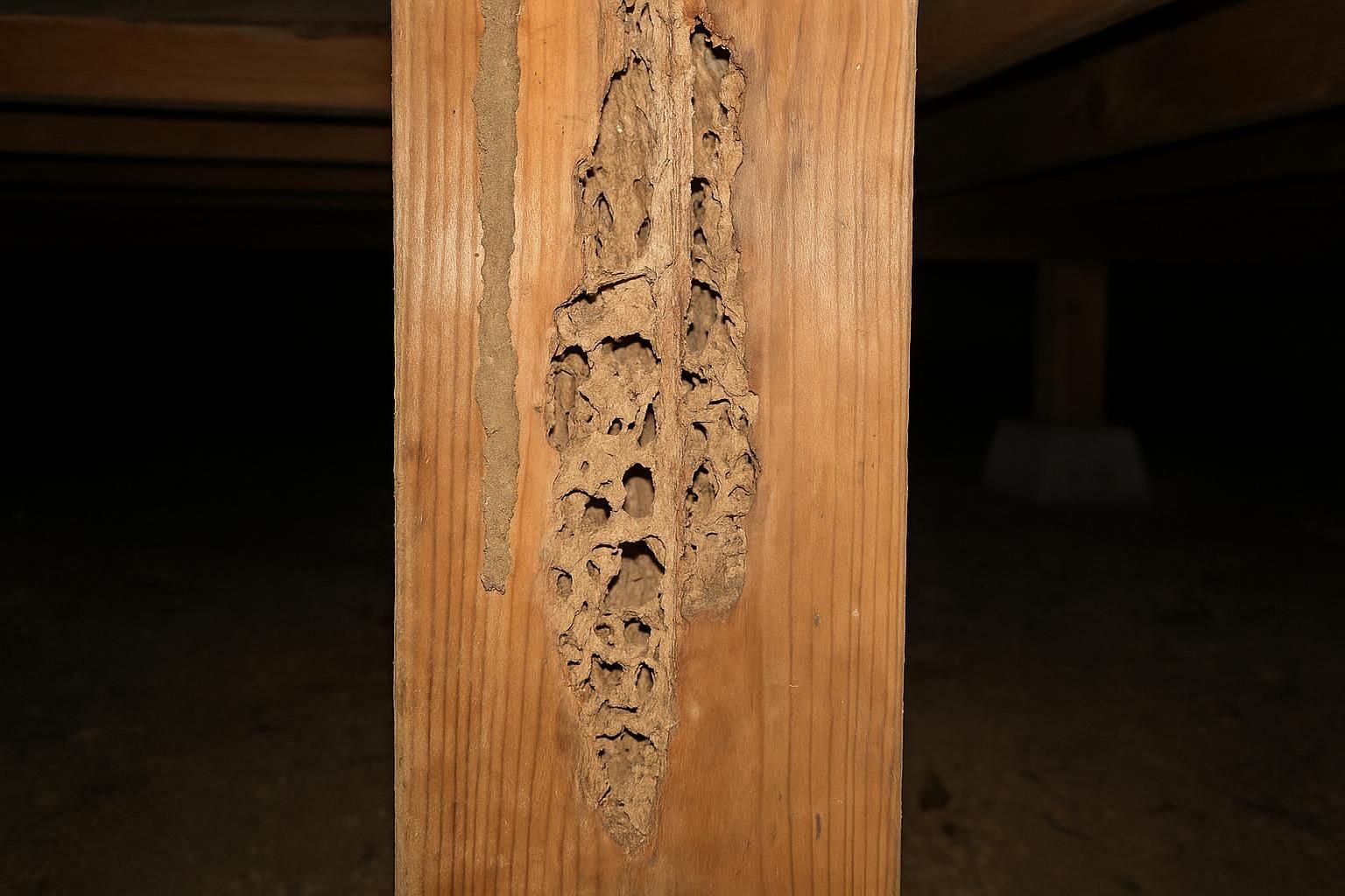 Termite-damaged wood and a mud tube in a Morgan Hill crawl space